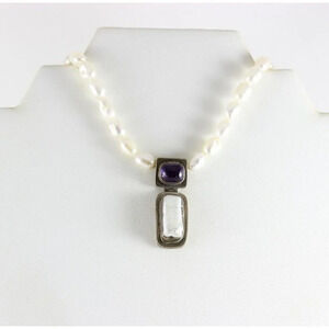 Sterling Silver Pearl and Amethyst Baroque Toggle Clasp Necklace 19 inch